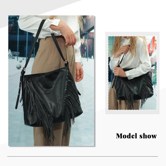 Vintage Fringe Shoulder Bag Women Pu Leather Crossbody Hobo Purse Large - Picture 6 of 6